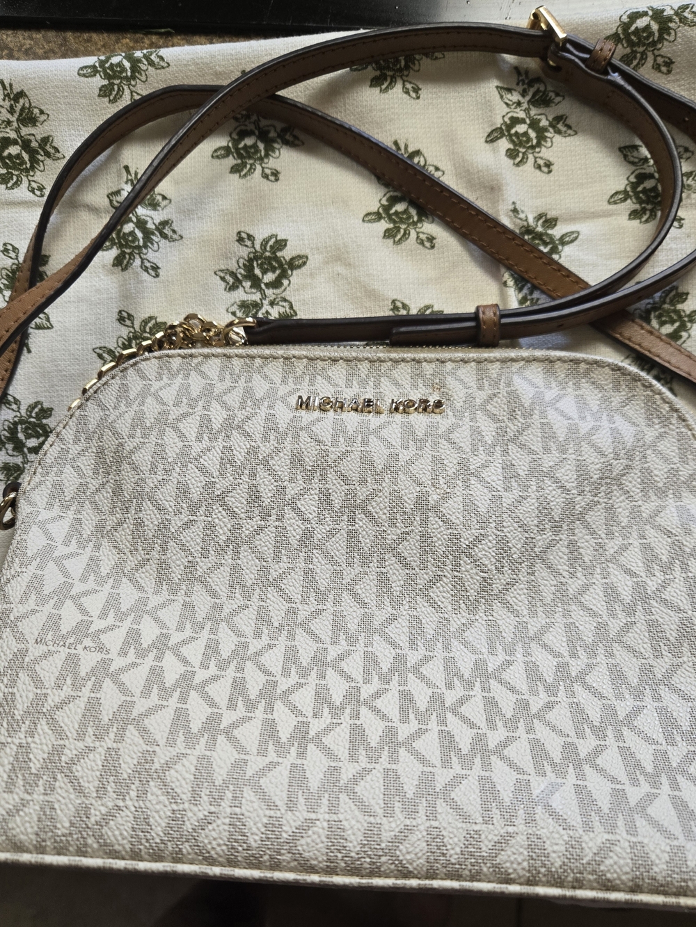 Michael Kors Cream and Brown MK Logo Crossbody Bag